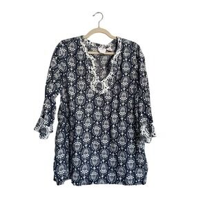 Sigred Olsen 100% Linen Tunic Top Botanical Print Blue and White Size L